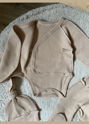 Бежевый демисезонный набор боди, ползунки и шапочка-узелок интерлок Тімі Текс Комплект трійка