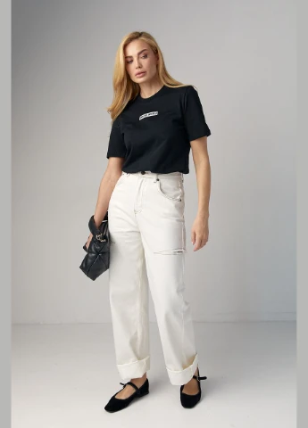 Жіноча футболка з вишитим написом Miu Miu - молочний Lurex - (293293018)
