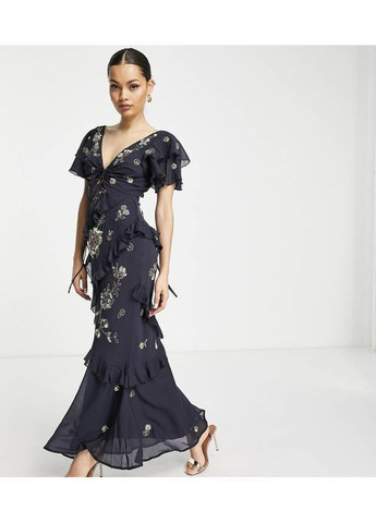 Синя преміальна темно-синя сукня максі з воланами та вишивкою edition Asos з квітковим принтом