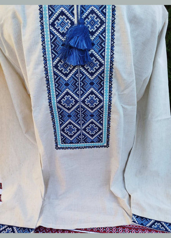 Темно-синя чоловіча вишиванка "орнамент" на натуральному льоні (колір світлий беж) Прикарпатські Вишиванки візерунок геометричний пряма льон (324625863)