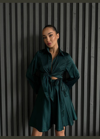 Женский шелковый костюм юбка на запах+рубашка изумрудного цвета 32931 Fashion (330597322)