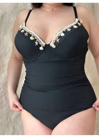 Чорний чорний суцільний купальник plus size з мушлями на бюсті Luna