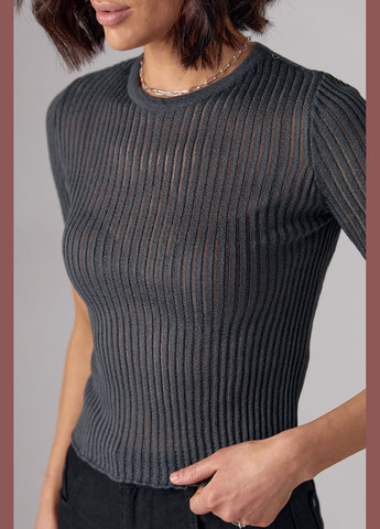 Темно-серая летняя женская футболка с ажурной вязкой 241049 с коротким рукавом Lurex