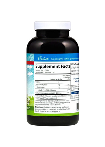 Жувальний кальцій для дітей Carlson Chewable Calcium 250 мг 120 таблеток Ваніль Carlson Labs (359473999)