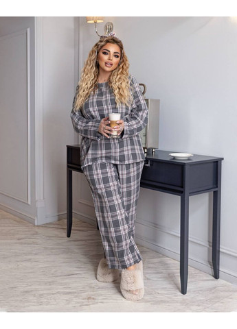 Сіра всесезон піжама жіноча в клітинку тепла зі штанами кофта + брюки No Brand