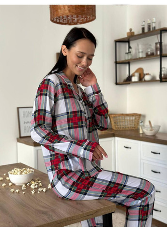 Комбінована жіноча піжама з віскози у клітинку / жіноча піжама віскозна з довгим рукавом / жіноча піжама у клітинку з віскозної тканини No Brand
