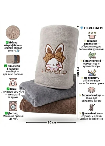 Набор полотенец из микрофибры Зайчик 3 шт темные Solafa рисунок комбинированный