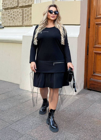 Черное повседневный изысканное свободное меди платье с длинными рукавами украшено молнией и фатином по юбке. Tik-Tak однотонное