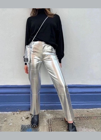 Шикарні яскраві штани з еко-шкіри, довгі штани на високій посадці в кольорі металік (срібло) No Brand 399 (282477126)