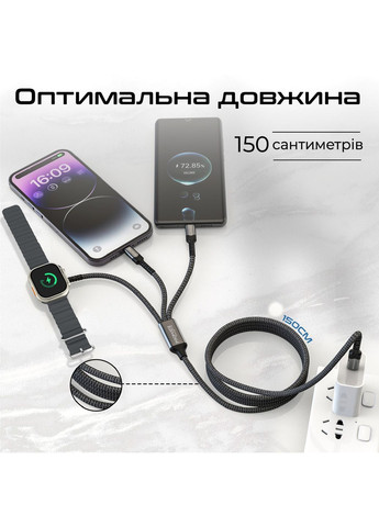 Кабель USB Type-C - USB Type-C (M/M) Lightning 27W 60W Apple MagSafe 1 2.5W, 4A, 1.5 м, Black (icharge-trio.black) Promate (370614478)