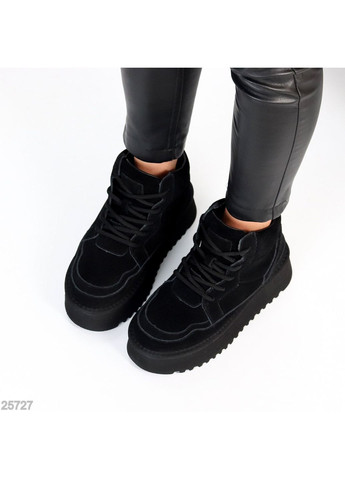 Жіночі зимові уггі на шнурівці Leron, чорні, з натуральної замші, утеплені екохутром No Brand (365756107)