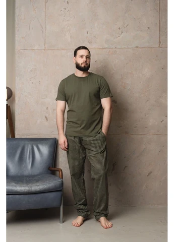 Пижама мужская футболка хаки + штаны SOFT в клетку оливка Handy Wear (384686811)