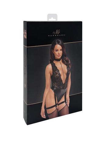 Боді F297 Libido Deep-V bodysuit with collar, pearl chain and garter - XL Noir Handmade (296034833)