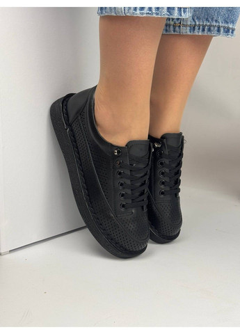 435 Кросівки Шкіряні Чорні з перфорацією No Brand чорні літо (339602910)