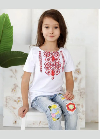 Біла футболка вишиванка дитяча на дівчинку візерунок орнамент трикотаж (296666391)