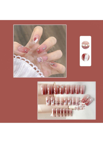 Накладні нігті з дизайном та стразами з клеєм LK15242 Бежевий 24 шт (A9746) Nails (308864005)