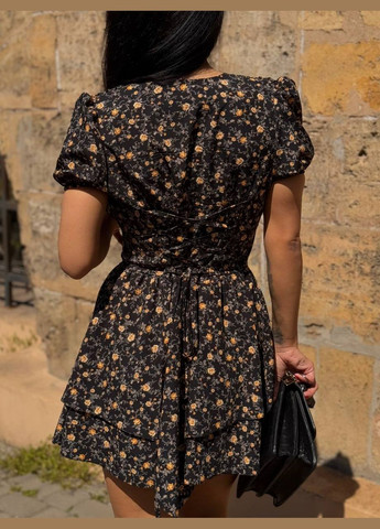 Чорна повсякденний, кежуал жіноча сукня в квіточку а-силует, з корсетом No Brand з квітковим принтом