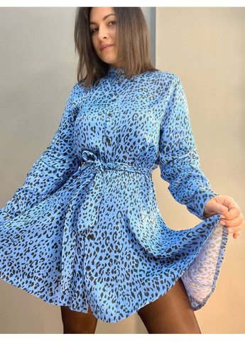 Синее платье женское 4219 леопардовый принт короткое на пуговицах есть ремень MIX RAY леопардовый