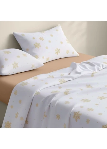 Двуспальное постельное белье фланель с простыней на резинке SNOWFLAKES GOLD (4822052478981) Cosas (393208360)