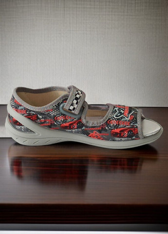 Серые открытые ортопедические тапочки текстильные босоножки на липучках для мальчика Waldi