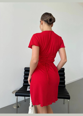 Красное повседневный, кэжуал легкое мини платье в рубчик со стильной шнуровкой по спинке Vakko однотонное