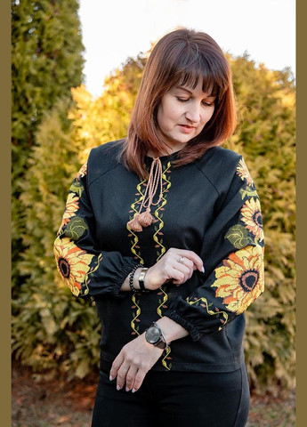 Чорна чорна вишиванка жіноча з соняхами довгий рукав льон вишивка хрестиком контрастна, xs льон (326520189)