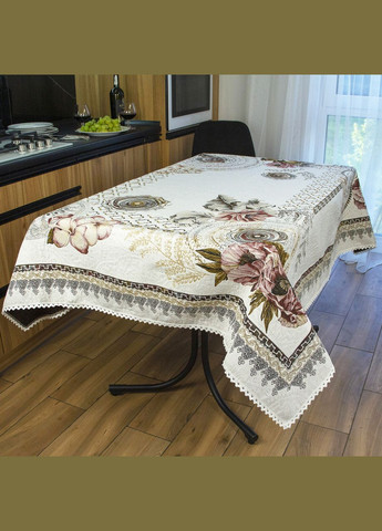 Скатерть гобеленовая белая прямоугольная праздничная с кружевом для квадратного или прямоугольного стола Стильная пион 100х100 Maystat (305390498)