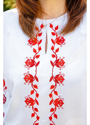 Белая женская вышиванка белая с красной вышивкой птиц и цветов классическая рубашка с длинным рукавом, 4xl лен (301033597)
