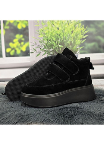 Зимние ботинки женские зимние черные замшевые на липучках Hengji из натуральной замши