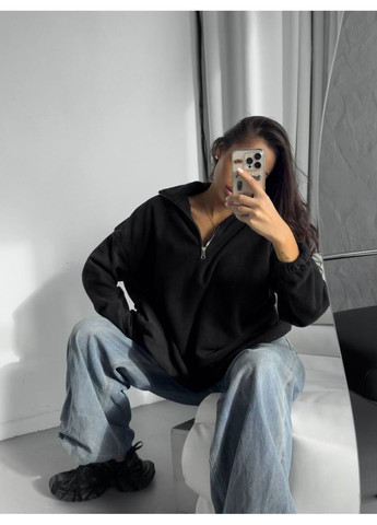 Черный свитшот женский на флисе Гермес однотонный молния (367102285)