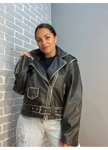 Чорна демісезонна куртка жіноча 2456 косуха блискавки пояс варені шви екошкіра AFTF BASIC