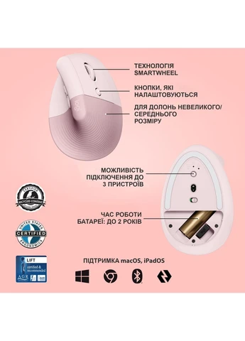 Мышка Lift Vertical Ergonomic Wireless/Bluetooth Rose (910-006478) Logitech (390933227)