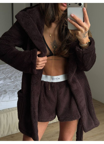 Коричневая зимняя стильная женская пижамка с двухсторонней бахромой. No Brand
