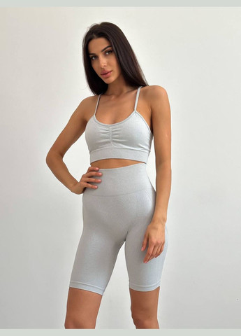 Женский летний спортивный фитнес костюм топ и шорты велосипед пуш-ап светло-серый No Brand (317186384)