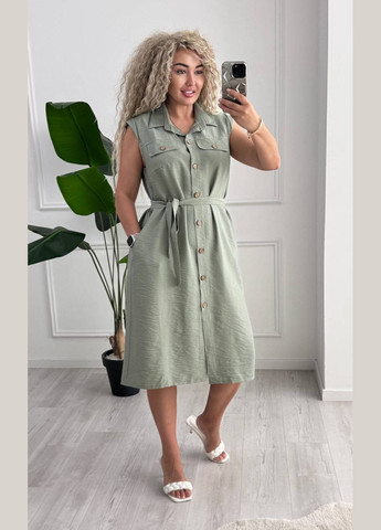 Оливковое повседневный, кэжуал женское платье на пуговицах с поясом Style Point однотонное