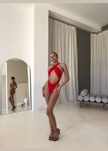 Красный демисезонный сдельный купальник на одно плечо слитный Domino Купальник суцільний з вирізом на животі