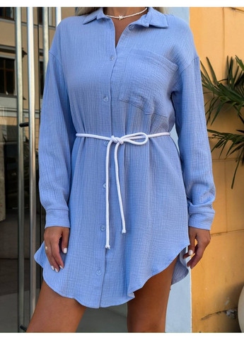 Блакитна сукня-сорочка натуральний муслін,з поясом у комплекті на ґудзиках Україна