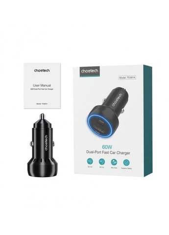 Автомобильное зарядное устройство (1USB Type C; 1USB) 60W PD3.0 QC3.0 Черный (TC0014) CHOETECH (400427465)