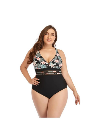 Чорний літній купальник суцільний з чашкою з откритой спиной для великих форм. суцільний купальник жіночий з квітковим принтом China