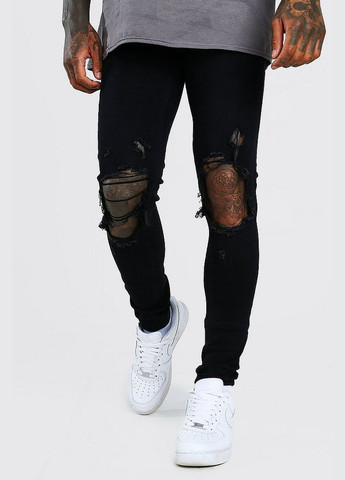 Черные демисезонные скинни джинсы Super Skinny Jeans With Distressing MZZ40205 Boohoo