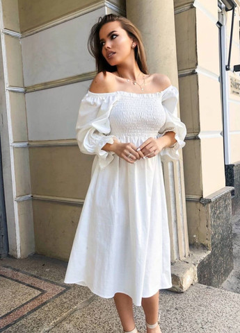 Білий повсякденний жіноча лляна сукня міді з рукавами ліхтариками з відкритими плечима Україна однотонна
