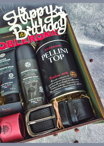 Мужской подарочный набор с ремнем, кофе, косметикой Yves Rocher и шоколадом в деревянной коробке. No Brand (340535682)