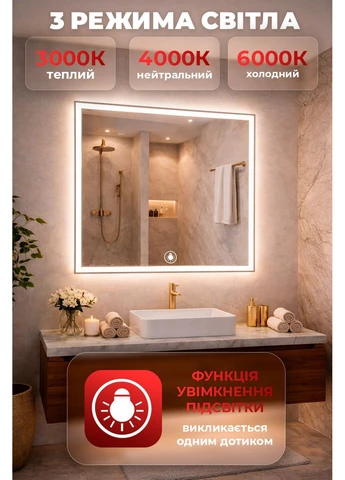 Дзеркало з підсвіткою 60х60 см дзеркало для ванної кімнати LED смарт дзеркало настінне Asans (390189107)