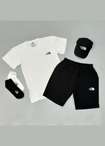 Стильный мужской костюм 4в1 The North Face шорты+футболка+кепка+носки черныо-белый Freedom (332980481)
