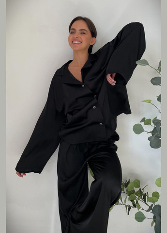 Черная всесезон пижама шелковая женская объятия black футболка + брюки Without