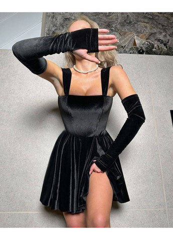 Черное праздничный, вечернее бархатное платье мини с перчатками в комплекте MonCher