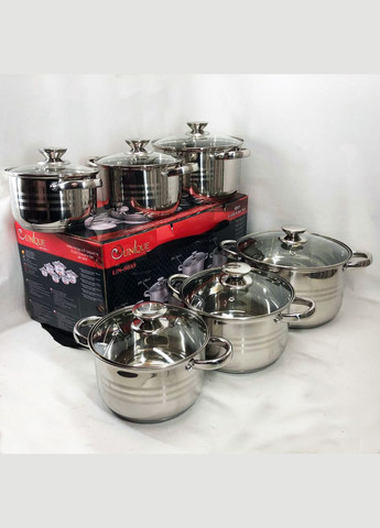 Набір каструль UN-5035 з нержавіючої сталі з товстим дном в 5 шарів з скляними склянками 6 предметів Unique (364665765)
