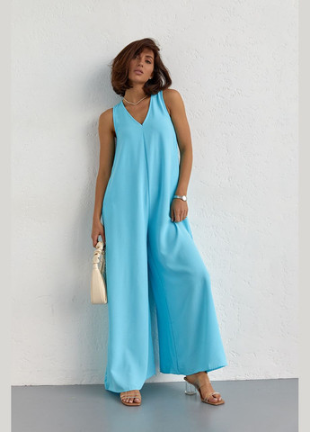 Літній комбінезон вільного фасону Liton комбінезон-брюки однотонний блакитний повсякденний бавовна, поліестер