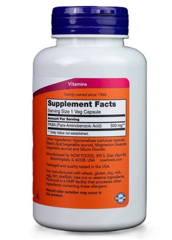 PABA 500 mg 100 Veg Caps Now Foods (362700147)