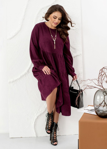Бордовое повседневный, вечернее вельветовое платье миди а-силуэт свободного фасона с длинными рукавами колокол, клеш, а-силуэт No Brand однотонное